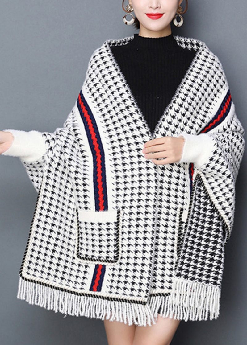 Eleganta Rutig Tofsfickor Patchwork Stickade Blended Cardigans Höst - Koftor för kvinnor