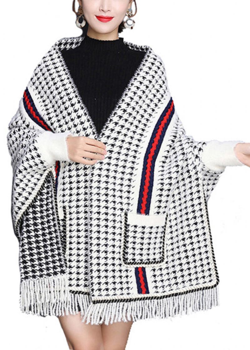 Eleganta Rutig Tofsfickor Patchwork Stickade Blended Cardigans Höst - Koftor för kvinnor