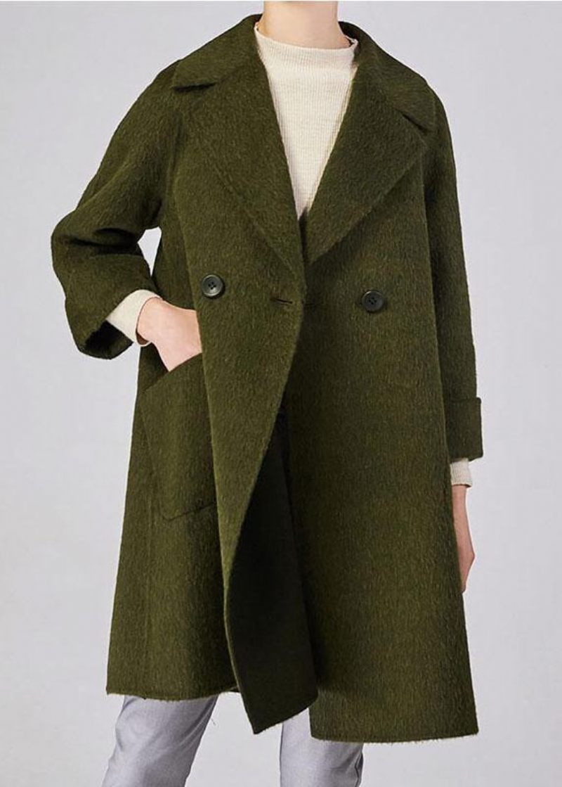 Eleganta Trendiga Plus Size Mellanlånga Kappor Dubbelbröstjackor Beige Stora Fickor Yllerockar - Trenchcoats för kvinnor