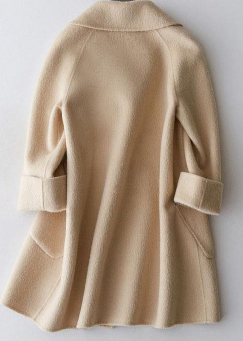 Eleganta Trendiga Plus Size Mellanlånga Kappor Dubbelbröstjackor Beige Stora Fickor Yllerockar - Trenchcoats för kvinnor