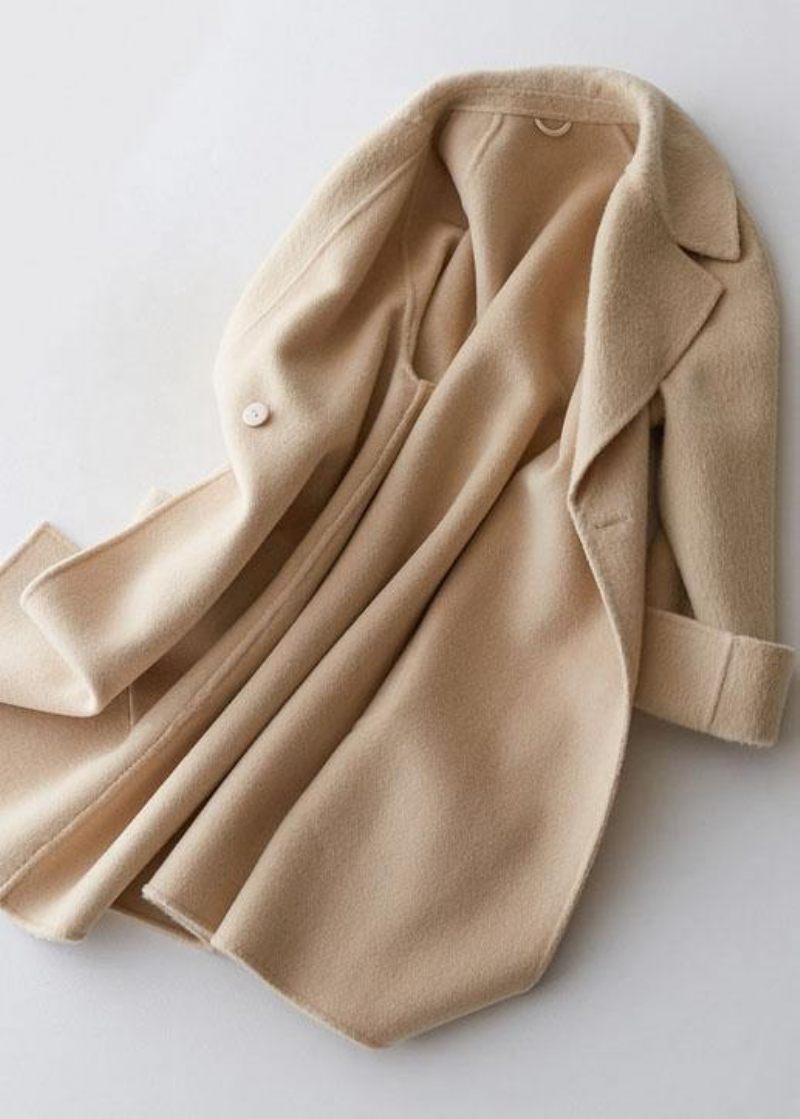 Eleganta Trendiga Plus Size Mellanlånga Kappor Dubbelbröstjackor Beige Stora Fickor Yllerockar - Trenchcoats för kvinnor