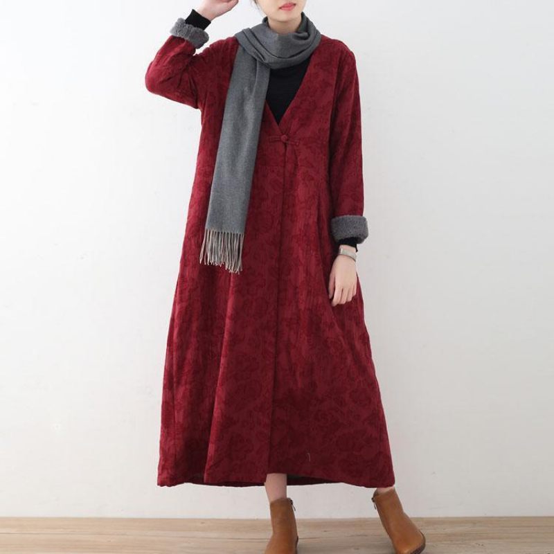 Eleganta Vinröda Bomullsjackor Casual Maxi Coat Vintage Trenchcoat Tjock - Vinröd