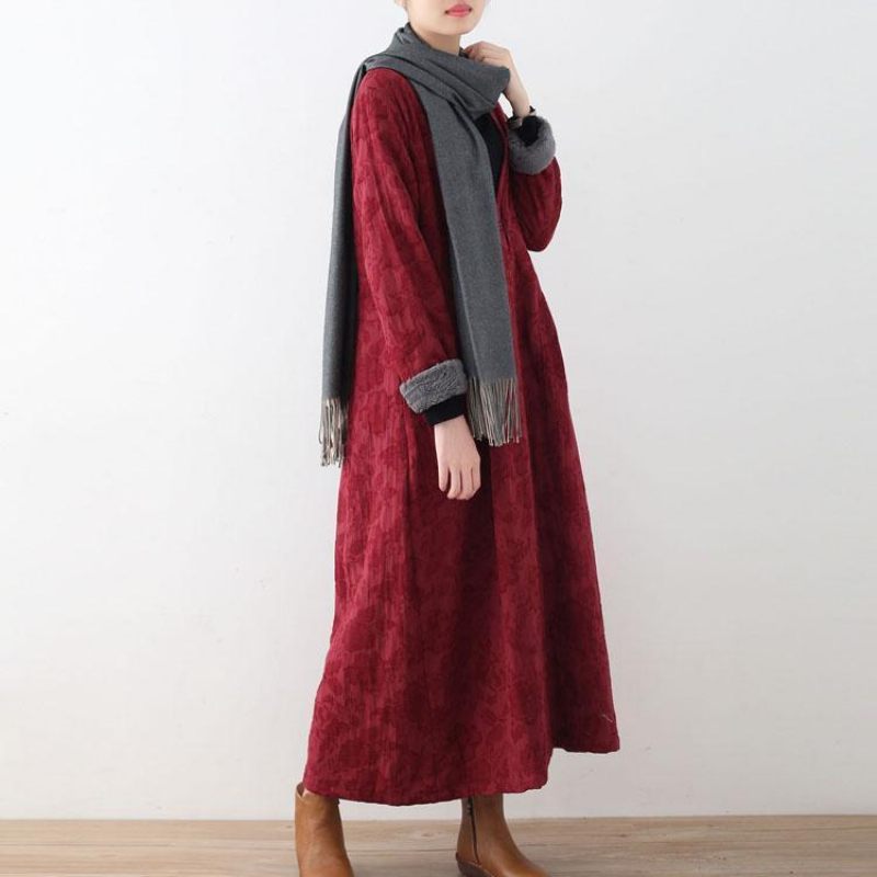 Eleganta Vinröda Bomullsjackor Casual Maxi Coat Vintage Trenchcoat Tjock - Vinröd