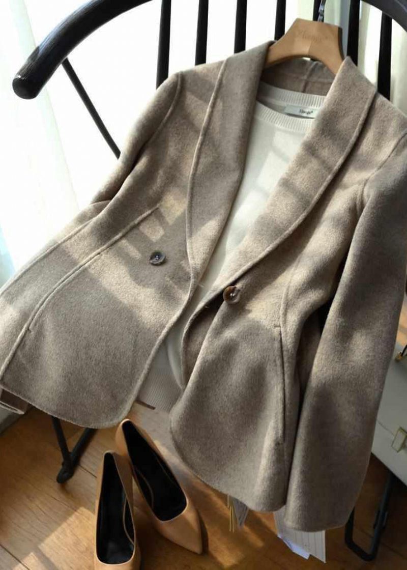 Enkel Beige Peter Pan Krage Slim Fit Double Breast Yllerockar Höst - Vinterkappor för kvinnor