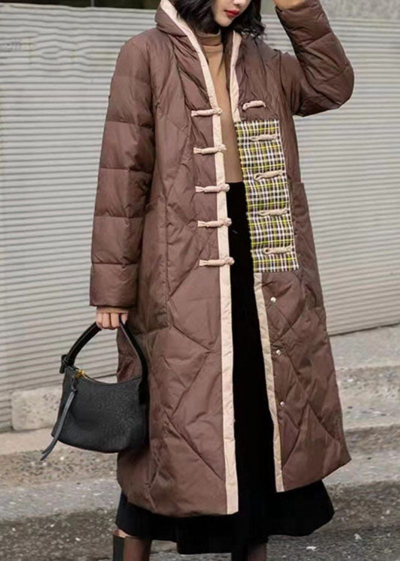 Enkel Brun Patchwork Orientalisk Knapp Duck Down Puffer Ytterkläder Vinter