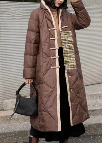 Enkel Brun Patchwork Orientalisk Knapp Duck Down Puffer Ytterkläder Vinter