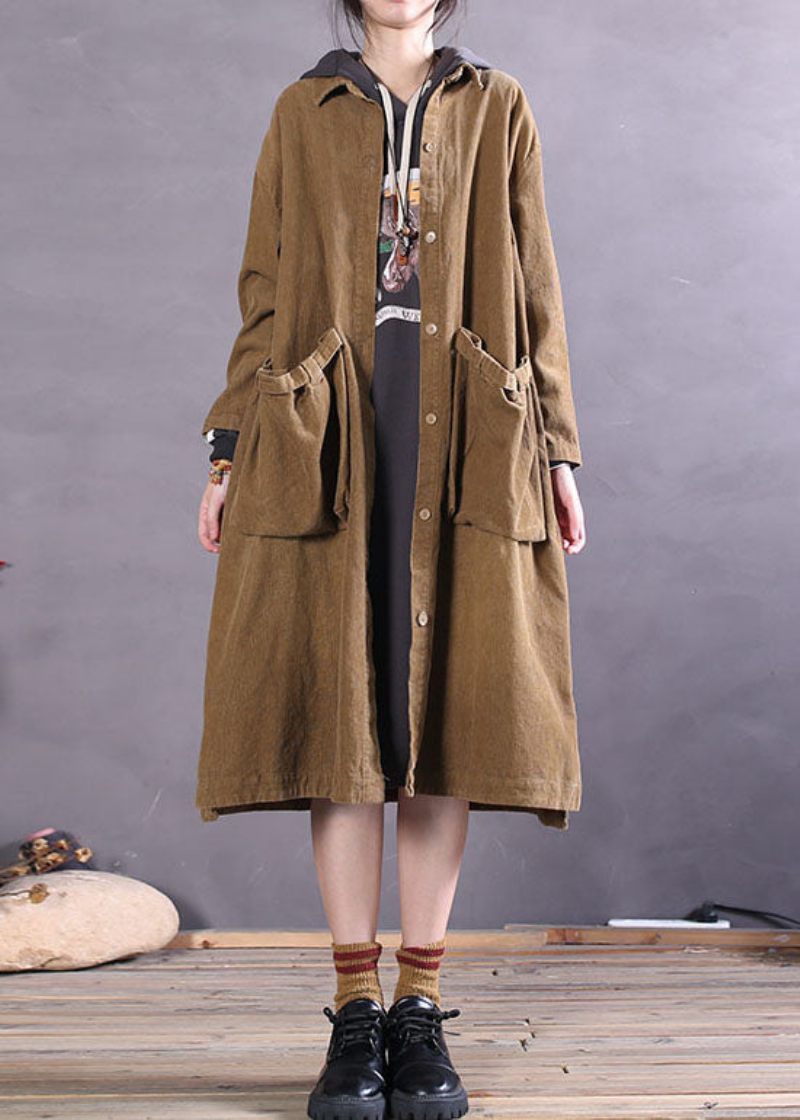 Enkel Khaki Button Sida Öppen Corduroy Coats Spring