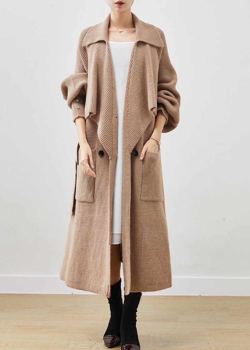 Enkel Khaki Naggad Oversized Fickor Stickad Trench Spring