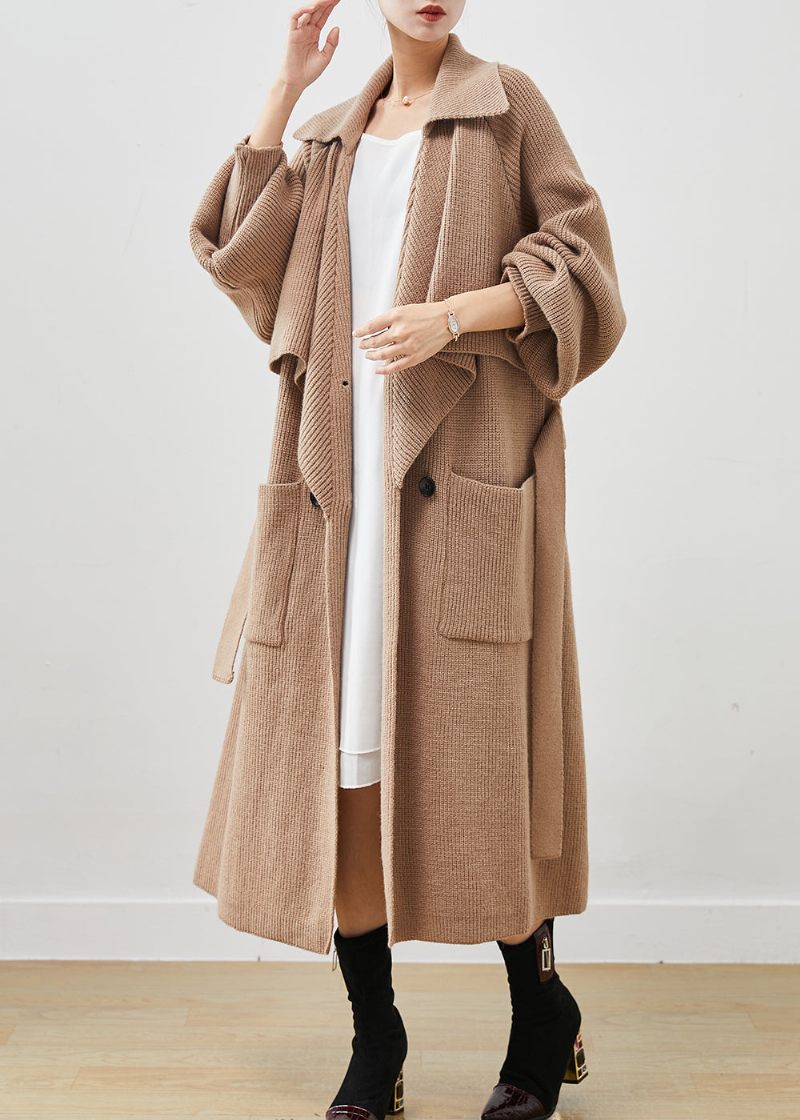 Enkel Khaki Naggad Oversized Fickor Stickad Trench Spring - Trenchcoats för kvinnor