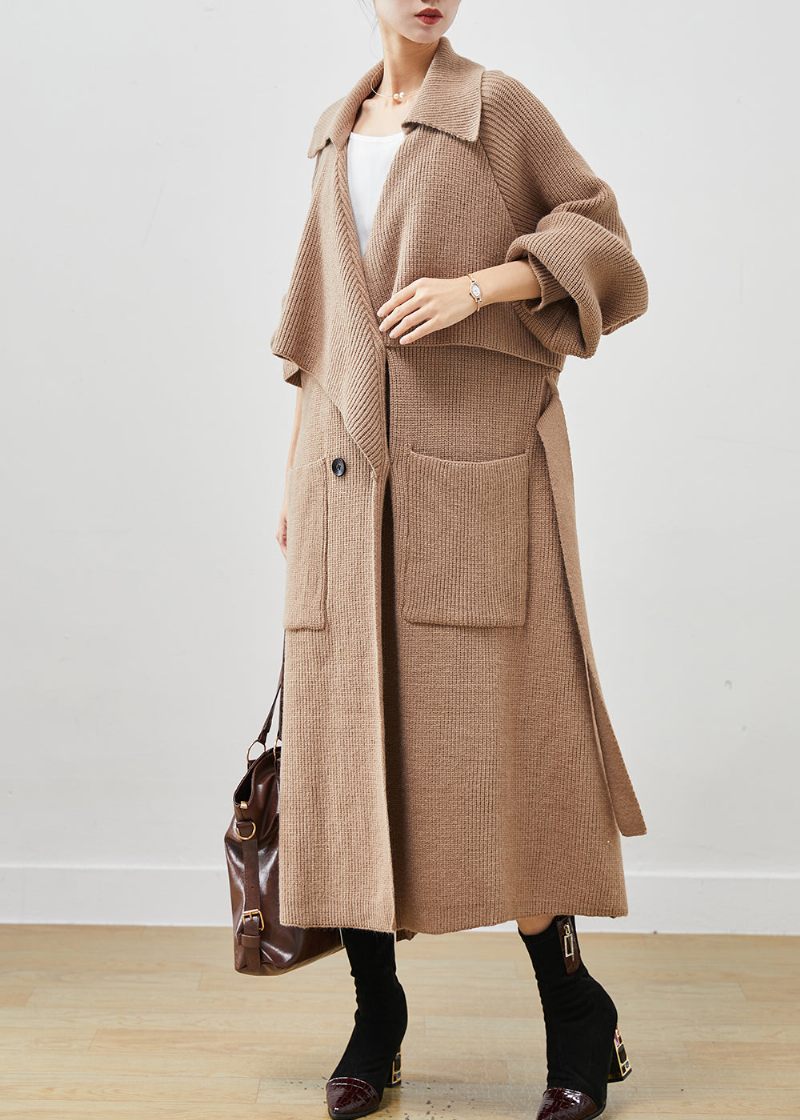 Enkel Khaki Naggad Oversized Fickor Stickad Trench Spring - Trenchcoats för kvinnor