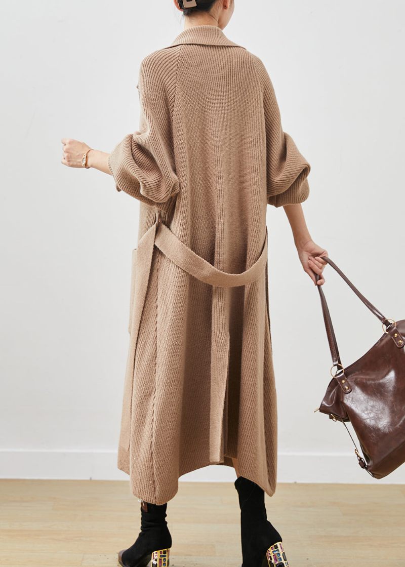 Enkel Khaki Naggad Oversized Fickor Stickad Trench Spring - Trenchcoats för kvinnor