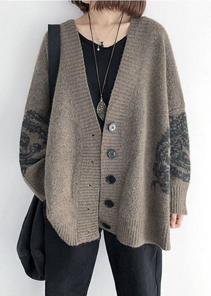 Enkel Khaki V-halstryck Stickad Lös Cardigan Spring - Koftor för kvinnor