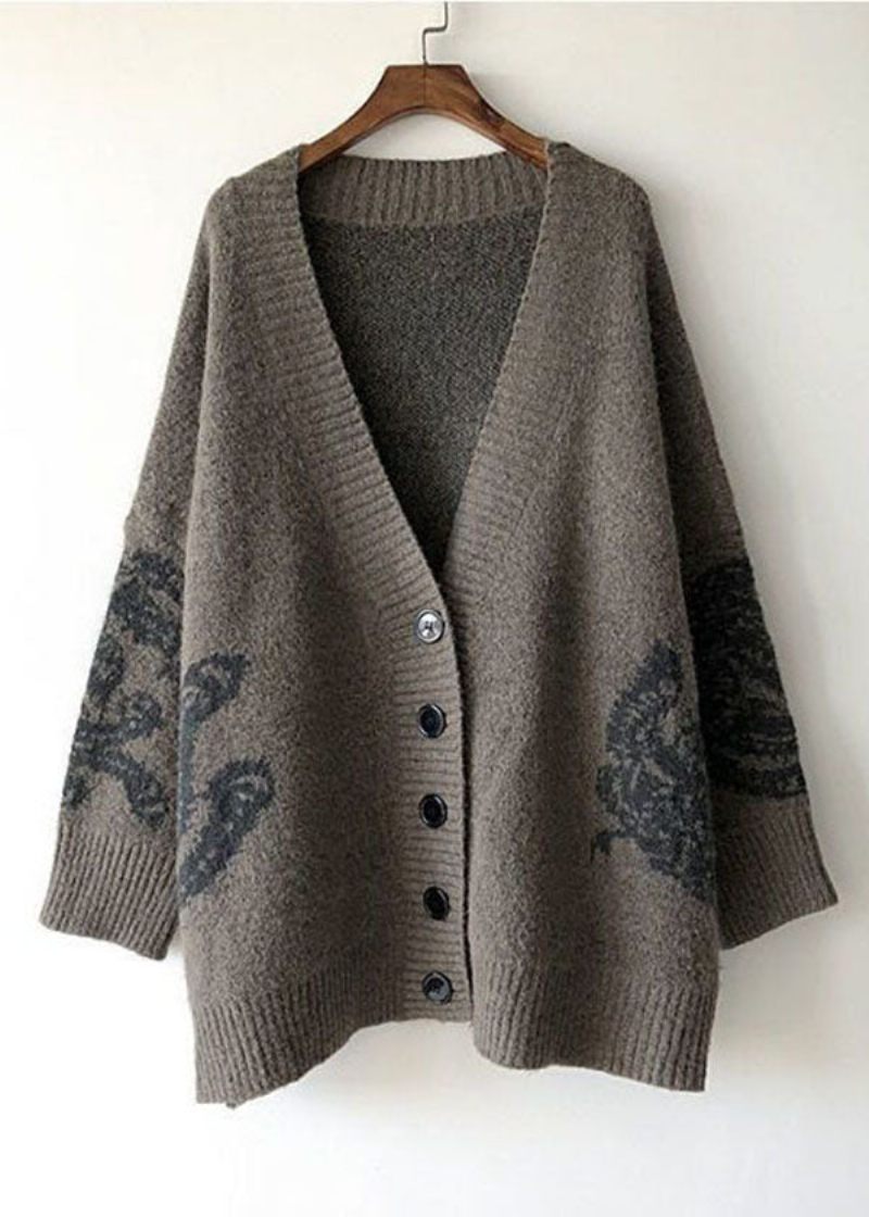 Enkel Khaki V-halstryck Stickad Lös Cardigan Spring - Koftor för kvinnor