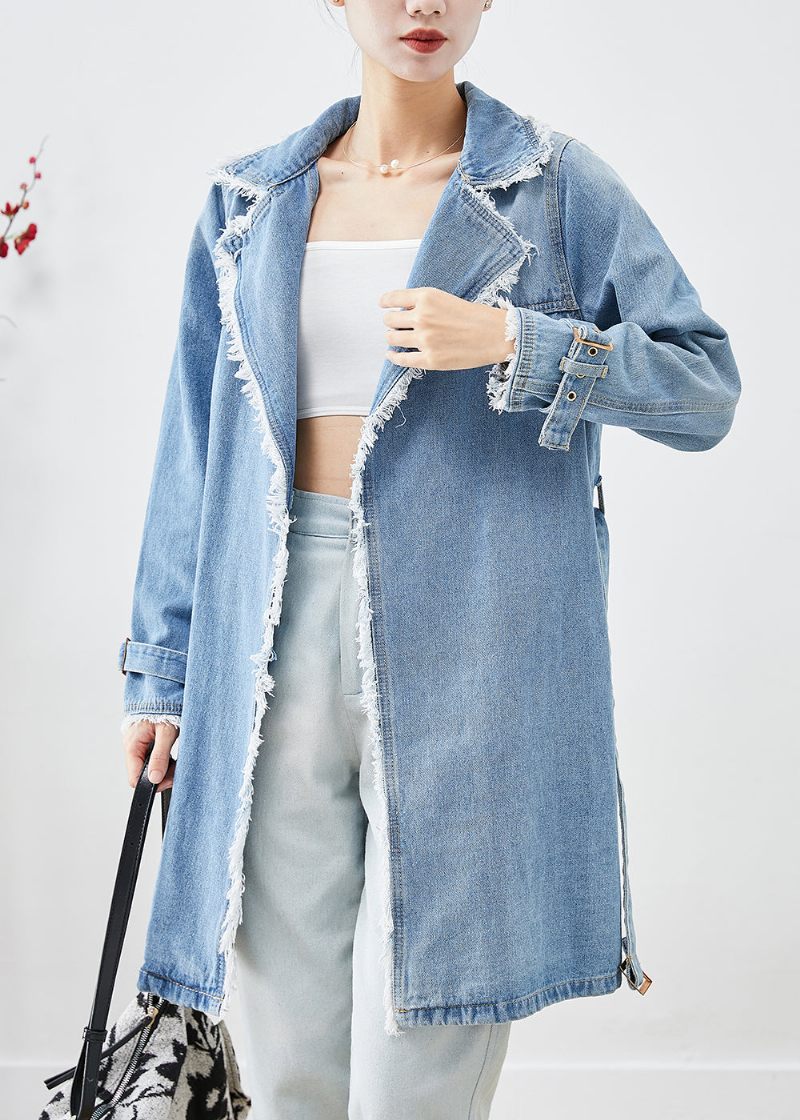 Enkel Ljusblå Lapel Tasseled Denim Trench Fall