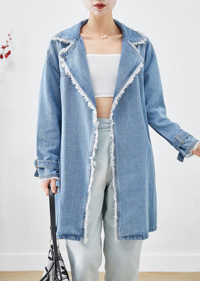 Enkel Ljusblå Lapel Tasseled Denim Trench Fall - Trenchcoats för kvinnor