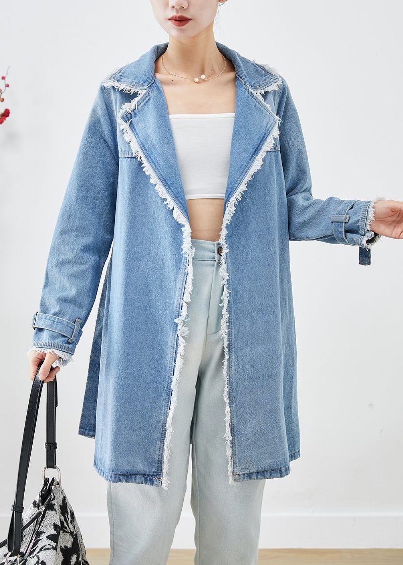 Enkel Ljusblå Lapel Tasseled Denim Trench Fall - Trenchcoats för kvinnor