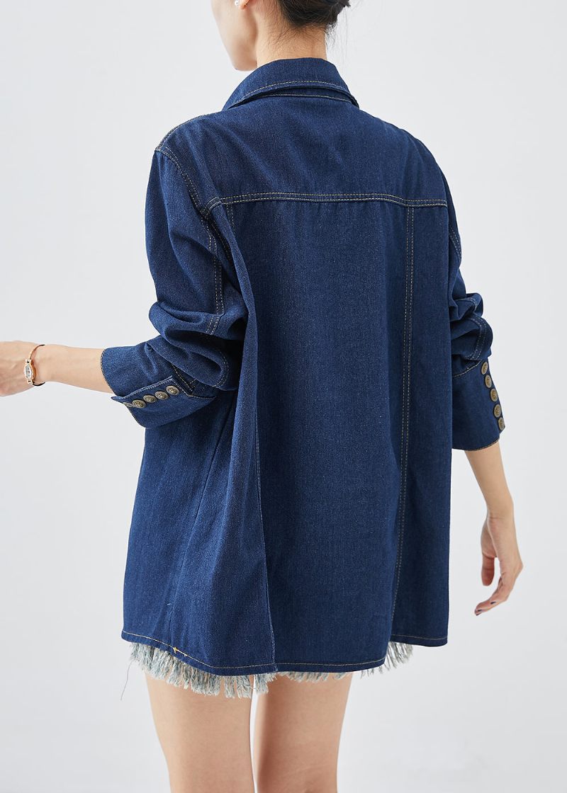 Enkel Marinblå Peter Pan Krage Metall Knappar Denim Coat Fall - Vinterkappor för kvinnor