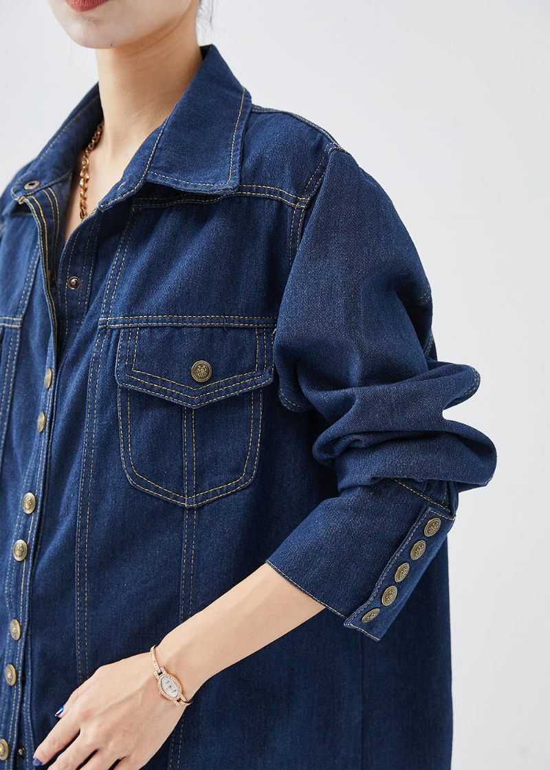 Enkel Marinblå Peter Pan Krage Metall Knappar Denim Coat Fall - Vinterkappor för kvinnor