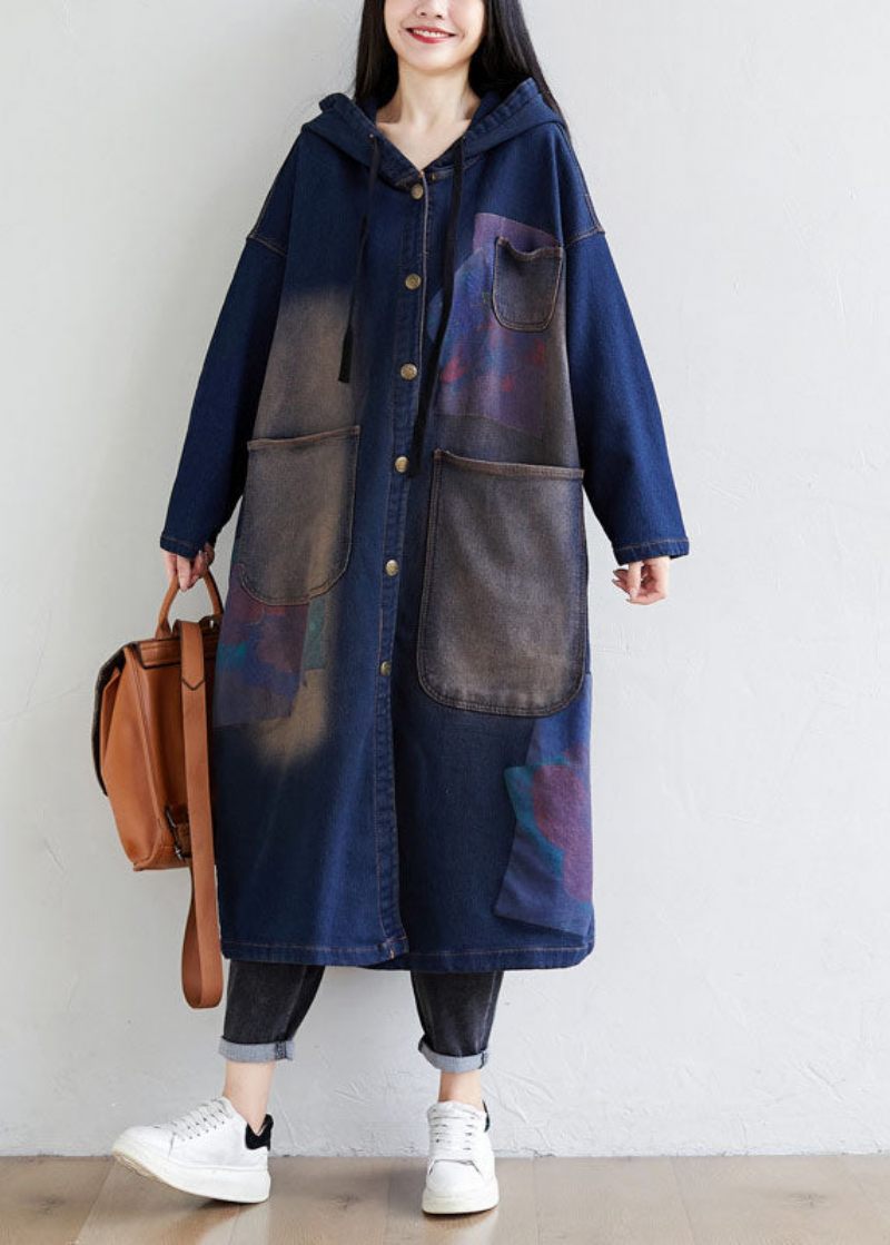 Enkel Mörkblå Dragsko Hood-fickor Print Denim Trench Coats Spring