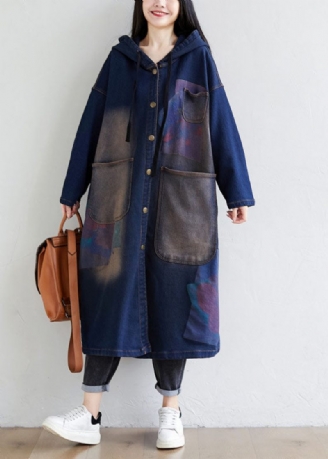 Enkel Mörkblå Dragsko Hood-fickor Print Denim Trench Coats Spring