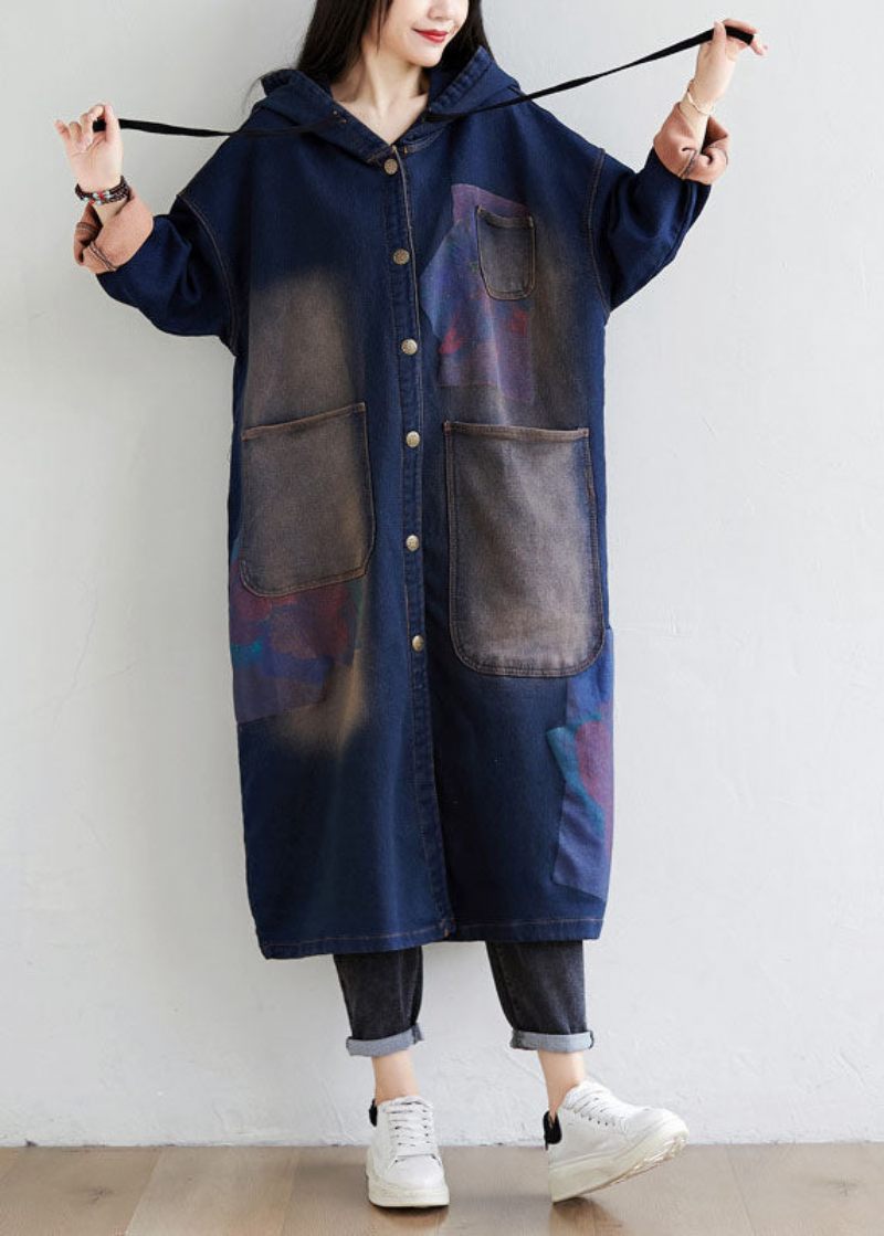 Enkel Mörkblå Dragsko Hood-fickor Print Denim Trench Coats Spring - Trenchcoats för kvinnor