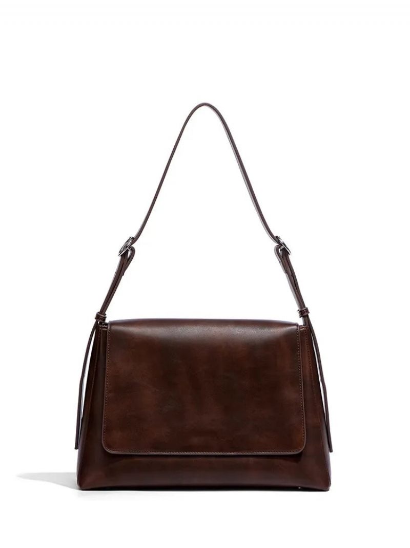 Enkel Retro Äkta Läder Damväska Handväska Lady Shoulder Crossbody - Brun