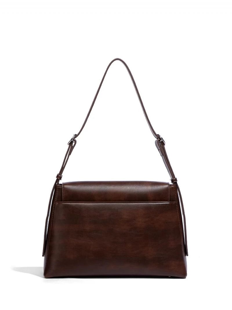 Enkel Retro Äkta Läder Damväska Handväska Lady Shoulder Crossbody - Brun