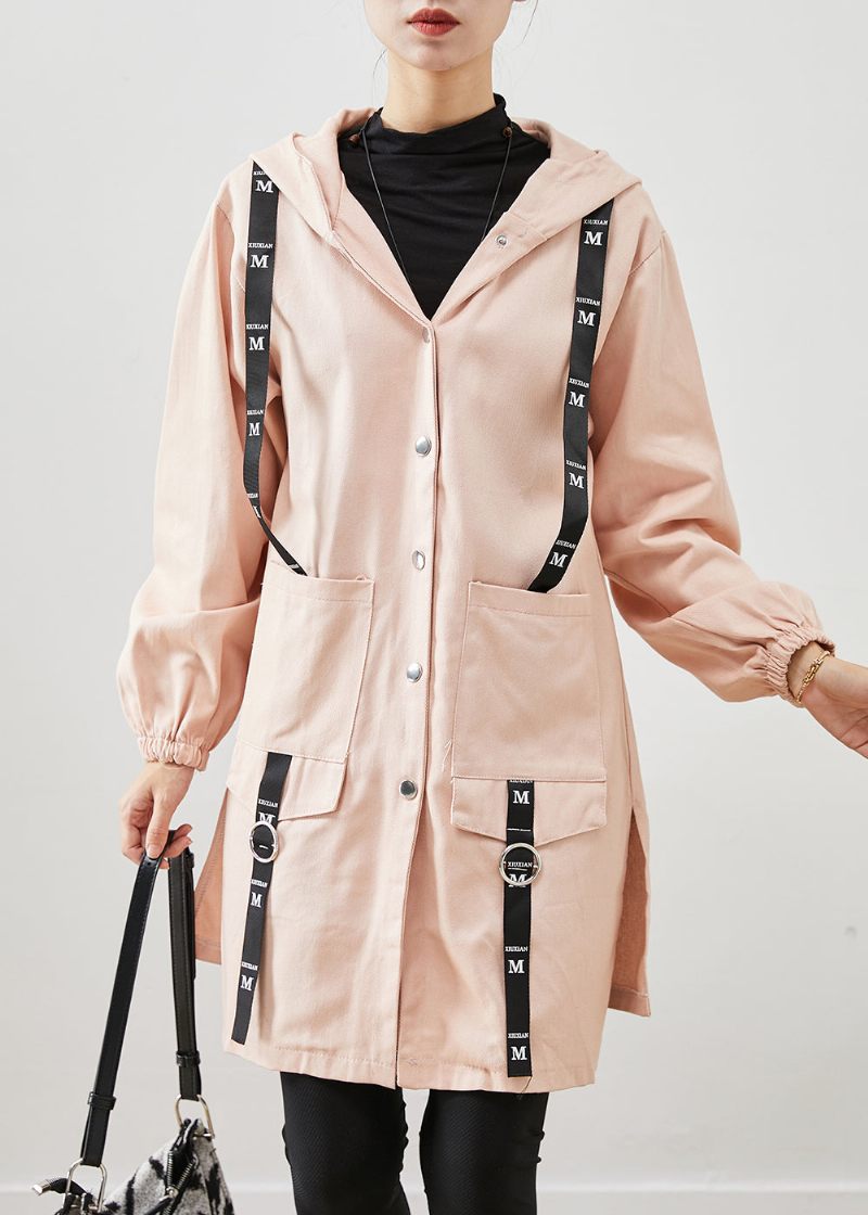 Enkel Rosa Oversized Patchwork Cotton Hooded Coat Höst - Trenchcoats för kvinnor