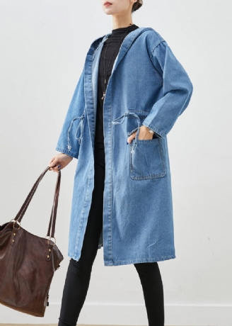 Enkla Blå Cinched Hooded Fickor Denim Trench Fall