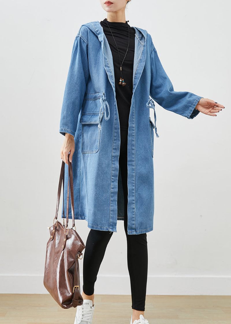 Enkla Blå Cinched Hooded Fickor Denim Trench Fall - Trenchcoats för kvinnor