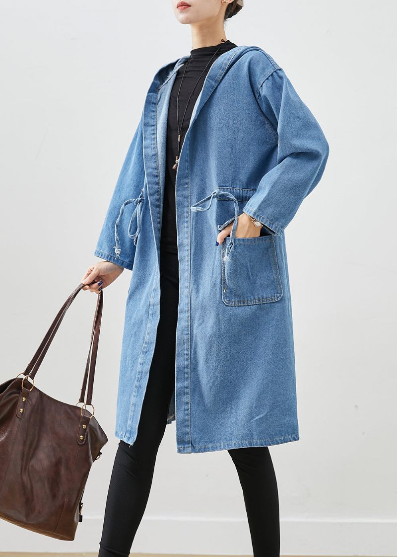 Enkla Blå Cinched Hooded Fickor Denim Trench Fall - Trenchcoats för kvinnor