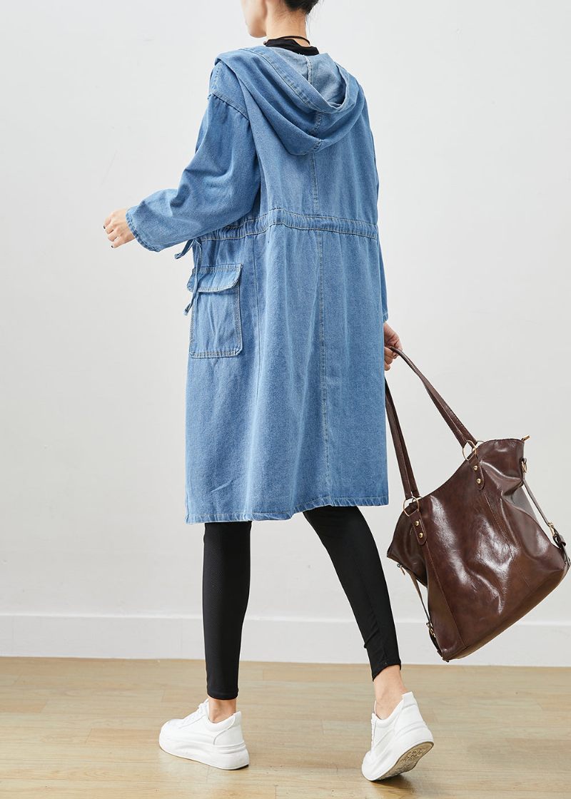 Enkla Blå Cinched Hooded Fickor Denim Trench Fall - Trenchcoats för kvinnor