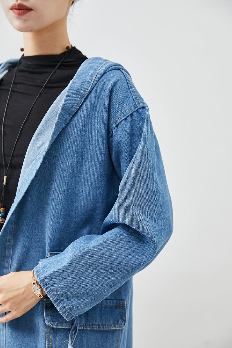 Enkla Blå Cinched Hooded Fickor Denim Trench Fall - Trenchcoats för kvinnor