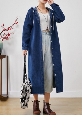 Enkla Blå Huva Button Down Denim Trench Coats Fall