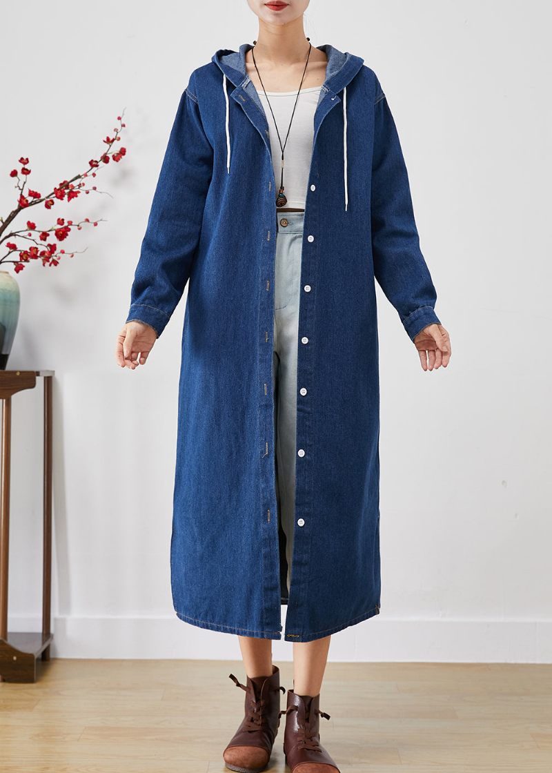 Enkla Blå Huva Button Down Denim Trench Coats Fall - Trenchcoats för kvinnor