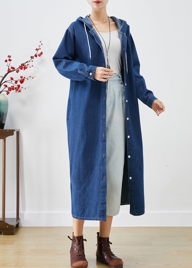 Enkla Blå Huva Button Down Denim Trench Coats Fall - Trenchcoats för kvinnor