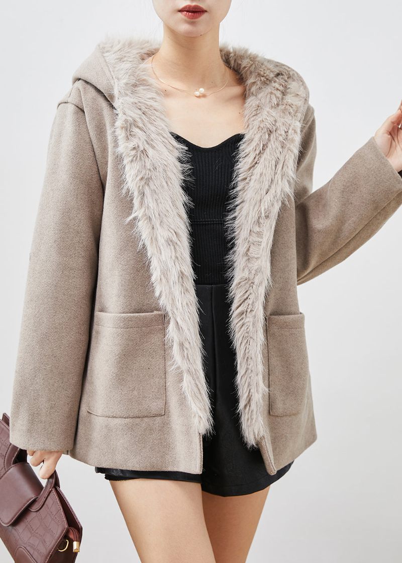 Enkla Khaki Hooded Ficks Woolen Coat Fuzzy Fox Fodrad Winter