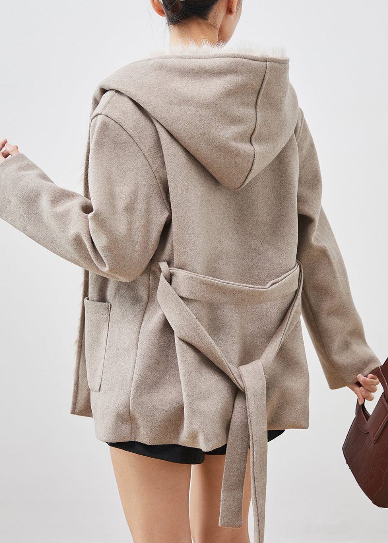 Enkla Khaki Hooded Ficks Woolen Coat Fuzzy Fox Fodrad Winter - Ullrockar för kvinnor