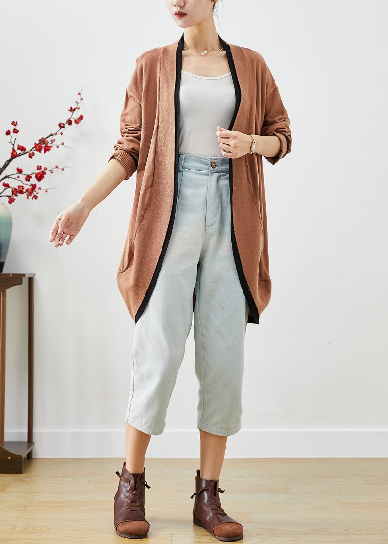 Enkla Khaki Oversized Patchwork Knit Cardigans Höst - Koftor för kvinnor