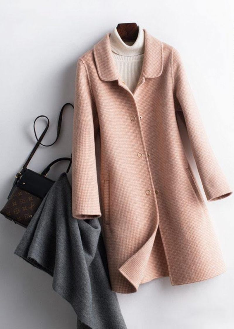 Enkla Lapelfickor Mode Trenchcoat Roséplädade Boxjackor - Rosa