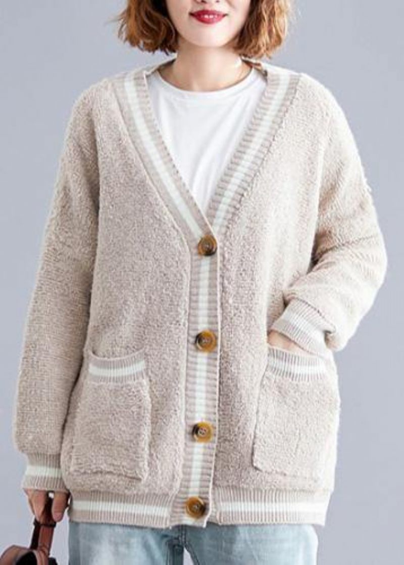 Estetisk V-ringad Beige Stickad Ytterkläder Oversized Höst