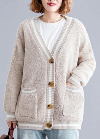 Estetisk V-ringad Beige Stickad Ytterkläder Oversized Höst