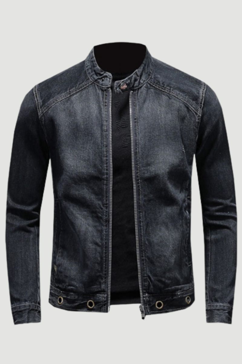 European Stand Collar Bomber Pilot Svart Jeansjacka Herr Jeans Kappor Smal Motorcykel Fritidskläder Ytterkläder Överrock