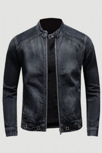 European Stand Collar Bomber Pilot Svart Jeansjacka Herr Jeans Kappor Smal Motorcykel Fritidskläder Ytterkläder Överrock