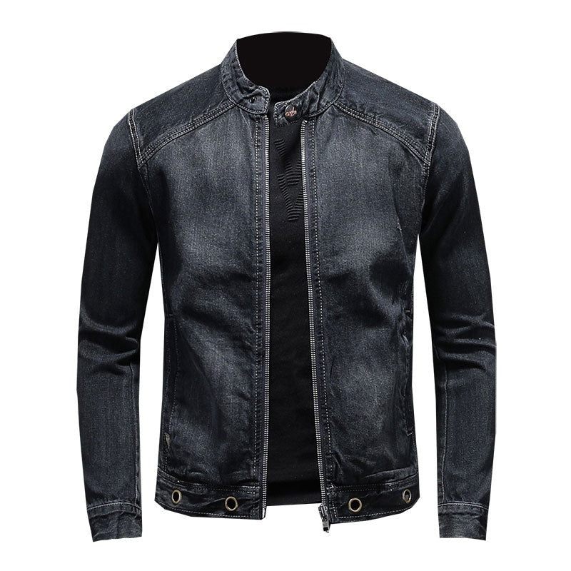 European Stand Collar Bomber Pilot Svart Jeansjacka Herr Jeans Kappor Smal Motorcykel Fritidskläder Ytterkläder Överrock - Svart