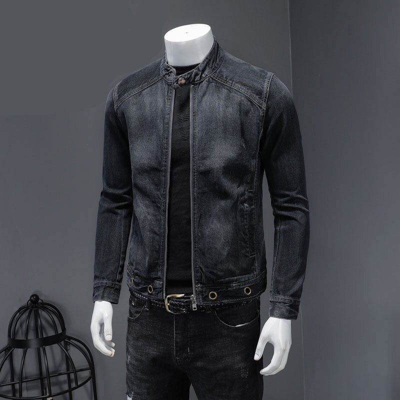 European Stand Collar Bomber Pilot Svart Jeansjacka Herr Jeans Kappor Smal Motorcykel Fritidskläder Ytterkläder Överrock - Svart