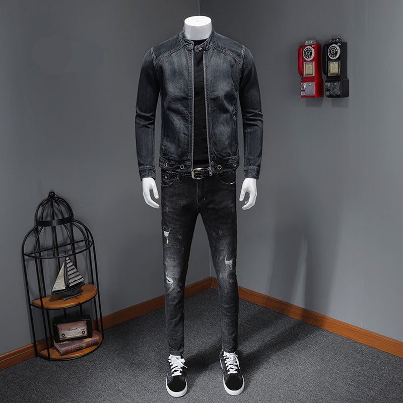 European Stand Collar Bomber Pilot Svart Jeansjacka Herr Jeans Kappor Smal Motorcykel Fritidskläder Ytterkläder Överrock - Svart