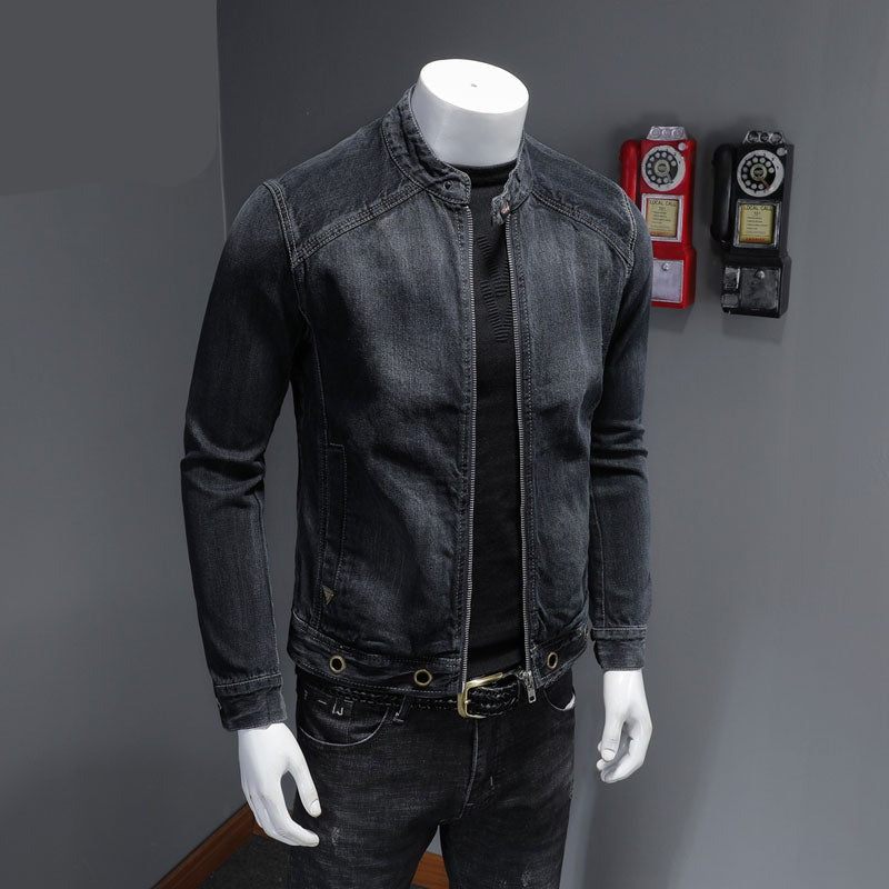 European Stand Collar Bomber Pilot Svart Jeansjacka Herr Jeans Kappor Smal Motorcykel Fritidskläder Ytterkläder Överrock - Svart