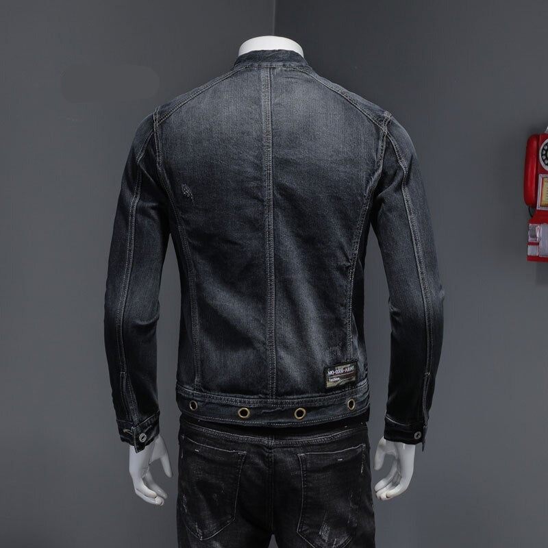 European Stand Collar Bomber Pilot Svart Jeansjacka Herr Jeans Kappor Smal Motorcykel Fritidskläder Ytterkläder Överrock - Svart