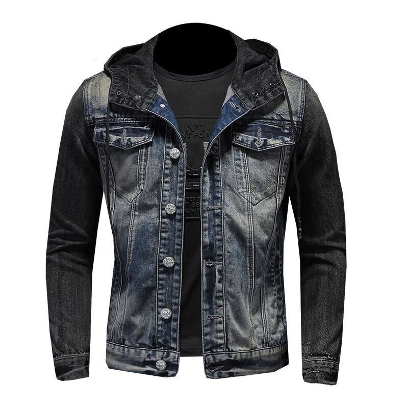 Europeisk Stil Hooded Colorblock Bomber Pilot Blå Jeansjacka Herr Jeans Kappor Motorcykel Casual Slim Ytterkläder Överrock - Denim Blå